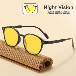 남성 여성을위한 라운드 프레임 노란색 렌즈 야간 투시경 안경 운전을위한 초경량 푸른 빛 차단 눈 보호