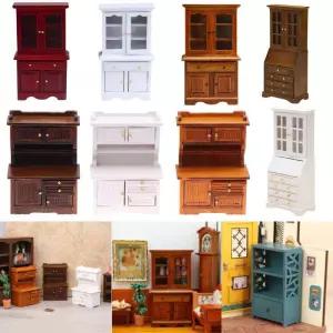 1Pc 빈티지 미니어처 가구 1 12 인형 집 나무 테이블 다기능 캐비닛 책장 모델 장난감 찬장 액세서리