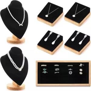라탄뷰 7개 벨벳 주얼리 흉상 진열대 대나무 스탠드 세트 목걸이 반지 귀걸이 정리함 크리스마스 선물 블랙