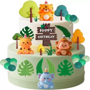 정글 리 동물 케이크 토핑 - 기린 코끼리 호랑이 생일 선물로 모자를 쓴 원숭이 인형이 등장하는 33 와일드