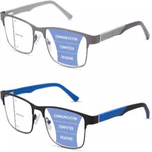ZERPEET 2팩 남성용 프로그레시브 다초점 독서 안경 금속 프레임과 스프링 힌지 실리콘 템플 블루 라이트