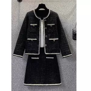 트위드 원피스 겨울 가을 롱 하객 린넨 데님 홀복 여성용 프렌치 빈티지 투피스 세트 향수 가디건 및 스커