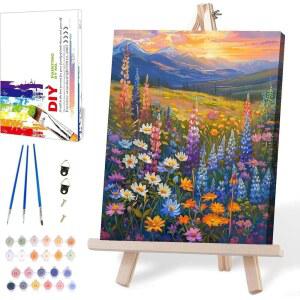 숫자 키트로 그린 RCVSH 화 액자 숫자별 풍경화 캔버스에 나무 이젤로 꽃 페인트 키트 가정용 벽 장식 12X16인치