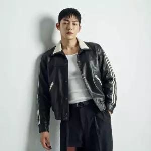 [라일리의류] Rly 남자 배색 레더자켓 크롭 가죽 블루종 봄 간절기