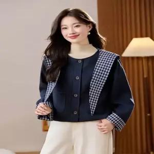 여친 가을 캐주얼 코트 라운드 싱글 체크 케이프 OP3