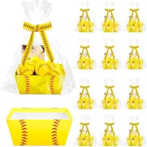 Whaline 12팩 소프트볼 선물 바구니 노란색 빨간색 키트를 투명한 비닐봉지와 생일 스포츠 파티용 리본으로