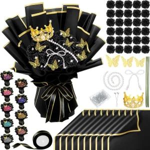 196개 DIY 글리터 졸업 선물 장미 꽃다발 인조 키트 생일 꽃 포장지 결혼식 기념 3D 나비 왕관 블랙