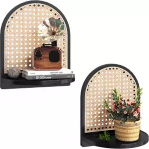 라탄 선반 세트 2 7인치 블랙 위커 장식 보호 벽 작은 플로팅 식물 피규어 디스플레이 니크 배낭 보관용