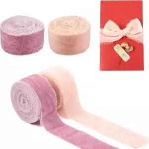 발렌타인데이를 위한 2롤 프린지 벨벳 리본 생엣지 쉬폰 실크 1.45인치 퍼플 핑크 수제 꽃다발 청첩장 선물