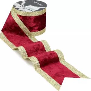 4인치 버건디 크리스마스 크러쉬 벨벳 와이어 리본과 골드 글리터 스트라이프 가장자리 트리 선물 포장