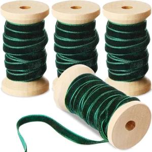 창디 3롤 다크 그린 벨벳 리본 1/4인치 x 15야드 크리스마스 트리 장식 빈티지 화환 선물 포장 보우 스풀로