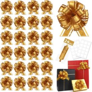 선물 바구니 포장용 24pcs 골드 풀 보우 크리스마스 트리 장식용 접착 랩 리본 와인 병 꽃다발