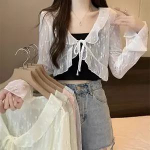 여성 시스루 가디건 레이스 플라워 망사 숏 여름철 아우터