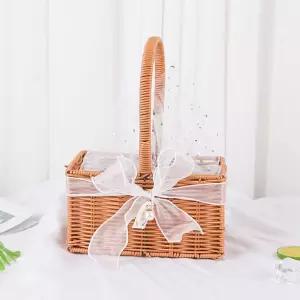 HBJWOV 손으로 짠 보관 바구니 크리에이티브 플라워 가든 피크닉 과일 선디스 정리함 휴대용 (22cm*12cm)