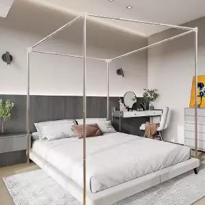 튼튼한 스테인리스 스틸 풀사이즈 캐노피 침대 두꺼운 기둥이 있는 금속 프레임