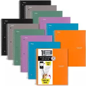 파이브 스타 스파이럴 노트북 + 스터디 앱 12팩 1과목 그래프 규칙 용지 8-1/2인치 x 11인치 100장 보라색