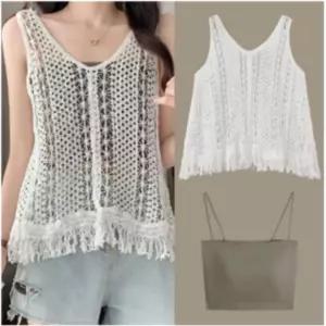 뷔스티에 레이어드 나시 조끼 세트 빈티지 여행룩