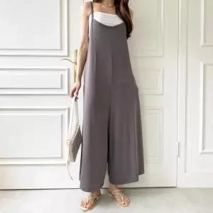 [옷자락]여자 루즈핏 와이드 끈나시 포켓 폴리스판 점프수트