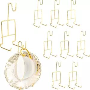 KEJJNYER 10개 티컵 및 사우저 디스플레이 스탠드 메탈 차이나 홀더 플레이트 티포트용 골드 커피 머그