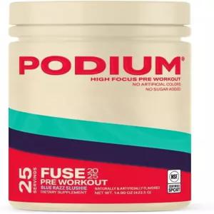 포디움 뉴트리션 퓨즈 2025 프리 운동 파우더 블루 래즈 슬러시 25인분 베타 알라닌 및 카페인으로 에너지