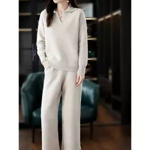 여자 봄 가을 면접복장 여성 투피스 여성용 캐시미어 수트 라펠 시니어 캐주얼 스웨터 와이드 레그 팬츠 울