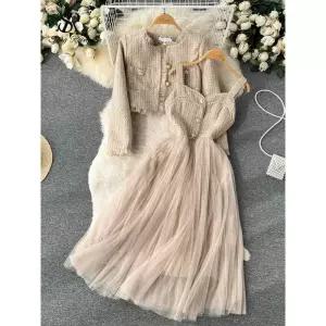 여자 봄 가을 면접복장 여성 투피스 SINGREINY 여성용 OL 레트로 세트 시니어 짧은 가디건 코트 캐미스 메