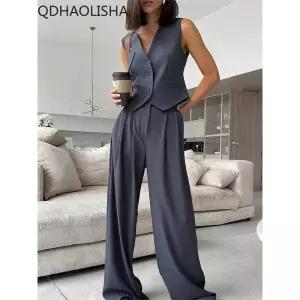 여자 봄 가을 면접복장 여성 투피스 여성용 겨울 정장 바지 세트 V넥 조끼 코트 와이드 레그 팬츠 캐주얼