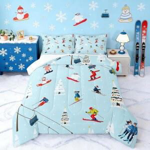 스키 스포츠 이불 세트 퀸 사이즈, 겨울 익스트림 게임 카툰 스키어 침구 3Pcs, 걸스 소년 방 장식, 스노우 크리스마스 트리 삽입물, 블루 화이트