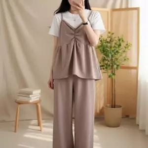 [옷자락]여성 셔링 뷔스티에 세트 통밴딩 와이드팬츠