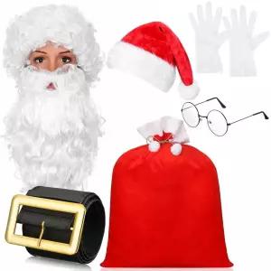 Yuxung 7피스 크리스마스 산타클로스 코스튬 액서리 벨트 산타 가방 수염 가발 장갑 모자 안경 트 성인용