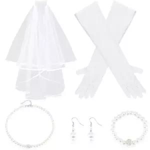 TODDER 신부 위한 5피스 웨딩 액서리 베일 장갑 진주 주얼리 트 긴 흰색 목걸이 귀걸이 팔찌 결혼식 파티용