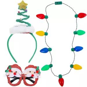 KorViSHOW 크리스마스 트리 머리띠 목걸이 트 헤드피스 산타 안경 3개 여성용 코스프레 코스튬 액서리 홀리