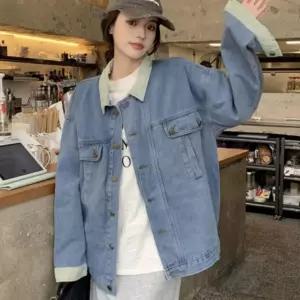 청자켓 여성 여자 봄 간절기 캐주얼 루즈핏 배색 카라 연 청 데님 자켓 아우터
