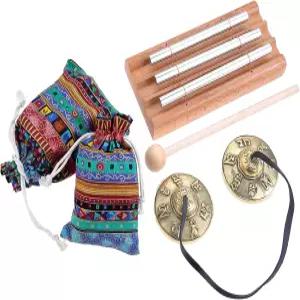 명상 악기 세트 - 티베트 팅샤 심벌즈 망치가 달린 삼음 차임벨 드로스트링 백 2개 교실 관리 요가 기도에