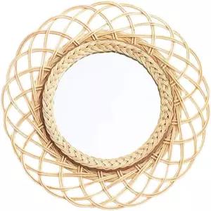 튜듀유르 북유럽 원형 걸이 거울 대형 화장품 벽 홈 장식 나무 라탄 공예 욕실 거실 침실 지름 41cm