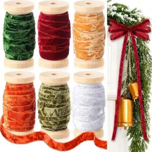 장디 6 롤 벨벳 리본 나무 스풀 3/8 x 30 야드 분쇄 고급 빈티지 장식 DIY 크리스마스 트리 선물 포장 보우