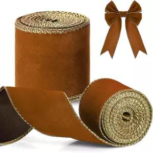 크리스마스 트리 장식 화환 활 제작(카키)을 위해 금색 가장자리가 있는 2.5인치 20야드 벨벳 리본 2롤