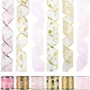 크리스마스 트리 장식을 위한 후이황 핑크 골드 리본 유선 화환 탑 보우 갈랜드 총 36 Yds