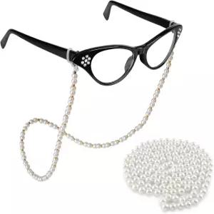 여성 라인스톤 고양이 안경 구슬 장식 인조 진주 목걸이 코스프레 파티 의상 액세서리 (블랙)
