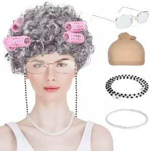IHESPABLD 할로윈 할머니 의상 세트 회색 가발 헤어 롤러 캡 안경 체인 진주 목걸이 재미있는 코스프레