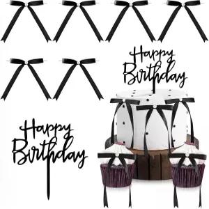 생일 축하 표지판이 있는 7개의 보우 케이크 토퍼 3.2x4.3 리본 코켓 디저트 빈티지 장식 액세서리(블랙)를