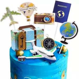 리미스 여행 테마 케이크 토퍼 장식 모험 컵케이크 비행기 지도 카메라 하트 미니 가방 파티를 기다립니다