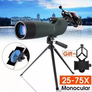 필드스코프 망원경 조류 관찰 Monocular 25-75X70 줌 BAK4 방수 탐지 범위 쌍안경 삼각대 전화 홀더