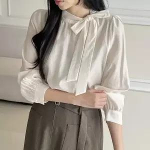 [샵앤] 국산 여성 정장 출근룩 사선 리본 긴팔 블라우스 REI-WBL-5174