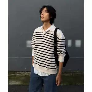 매장정품 [브랜드명] 빈폴 BEANPOLE MEN 캐주얼 니트라이크 스트라이프 칼라넥 맨투맨 아이보리 BC5X41C020