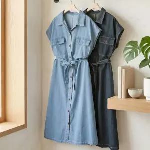 [샵앤] 여성 카라넥 앞단추 레이어드 캡소매 데님 롱원피스 JR-WDR-5202