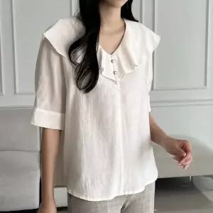 [샵앤] 국산 여성 프릴 V넥 정장 출근룩 반팔 블라우스 REI-WBL-5173