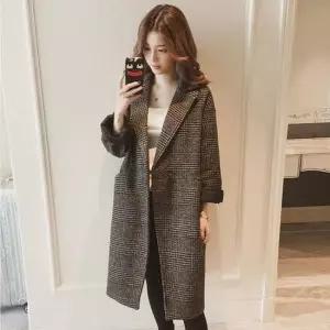 여자 아우터 브라운 체크코트 클래식 롱코트 코트 모직