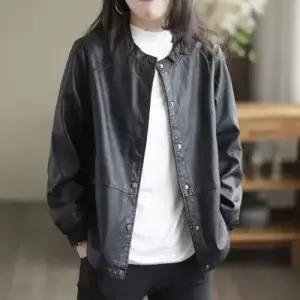 무천도사 여성용 여성 검정 빈티지 버튼 재킷 가죽무스탕 가죽옷 루즈핏 봄가을 코트 상의 KKE1