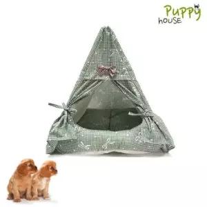 예쁜강아지집 삼각 리본 그린 체크 강아지 하우스 반려동물 애견 집